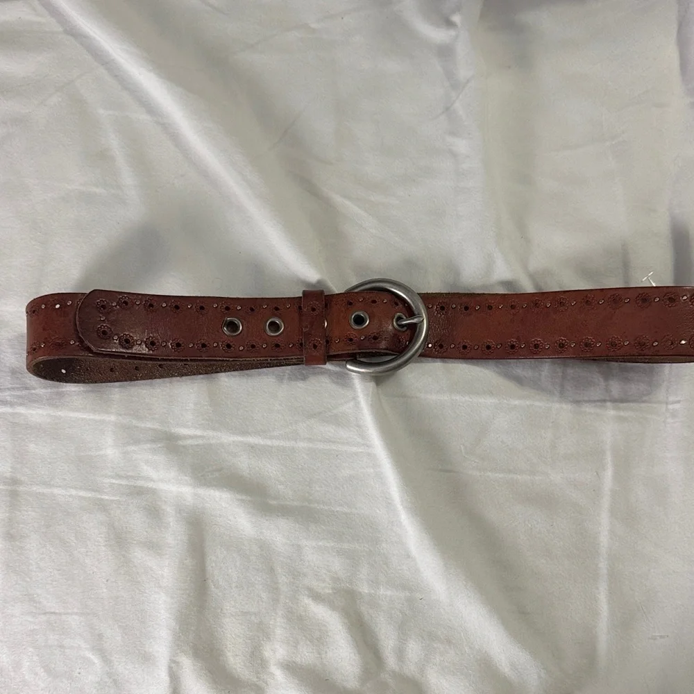 Y2K Brown Leather Belt with Silver Buckle - Picture 1 of 7